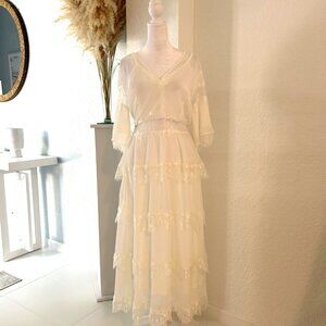 NWOT Off-White Tiered Chiffon & Lace Maxi Dress